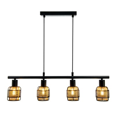 Suspension 4 lumières en métal grillagé noir et cuivré