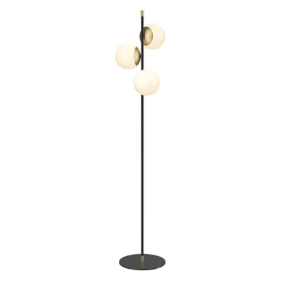 Lampadaire noir moderne avec structure en métal et 3 sphères blanches