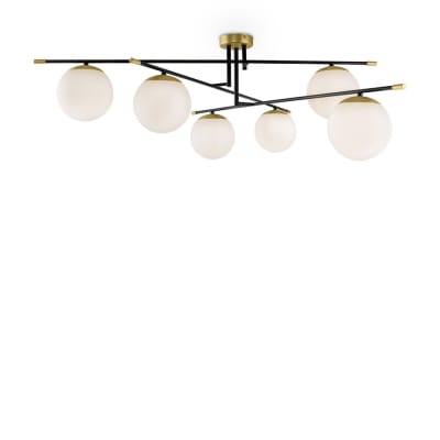 Suspension 6 lumières dorée et noir avec sphères en verre blanc mat