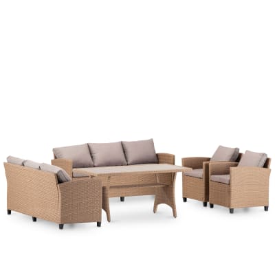 Ensemble de 2 canapés, 2 fauteuils + table haute en rotin synthétique