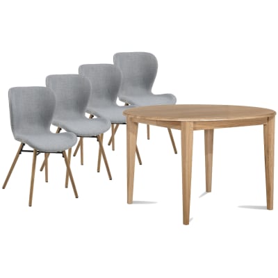 Table ronde extensible pieds fuseau d115 + 4 chaises tissu gris clair