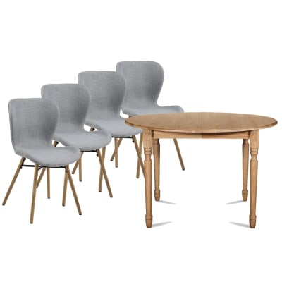 Table ronde extensible pieds tournés d105 + 4 chaises tissu gris clair