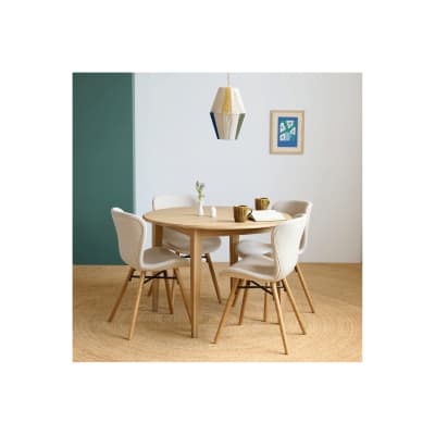 Table ronde extensible pieds fuseau d105 + 4 chaises tissu amande