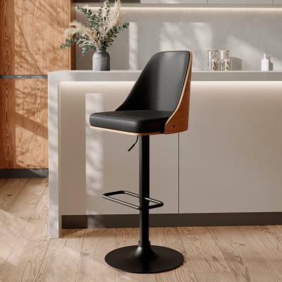 Chaise de bar réglable et pivotante en bois foncé et pu noir 56/77 cm