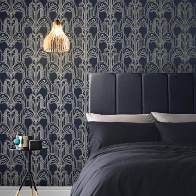 Papier peint art deco bleu argent 1005x52cm