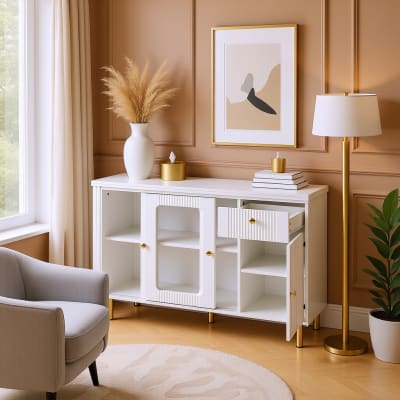 Console blanche avec rangements et design doré élégant