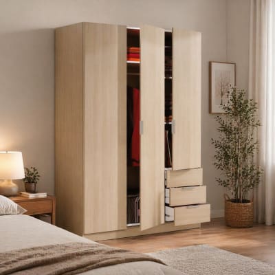 Armoire 3 portes effet bois beige 121x52 cm