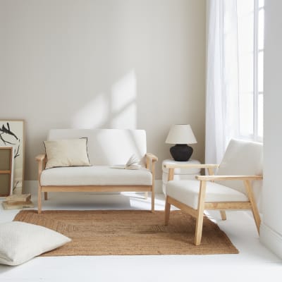 Banquette et fauteuil scandinave bois et tissu bouclette