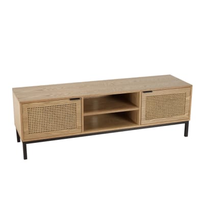 Meuble tv 2 portes cannage naturel pieds métal noir