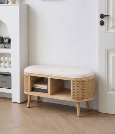 Banc avec rangement en rotin et velours beige
