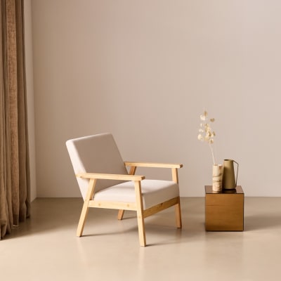 Fauteuil scandinave bois et tissu crème