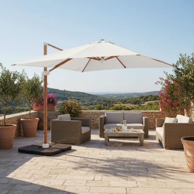 Parasol déporté 3x3m et 4 dalles à remplir effet bois blanc