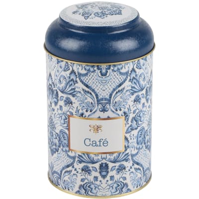 Boîte à café en métal bleu, blanc et doré