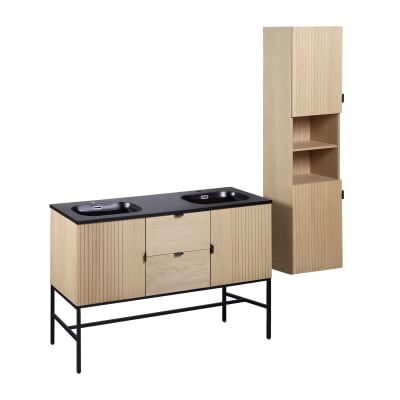Meuble double vasque 140cm chêne  sur pieds + colonne
