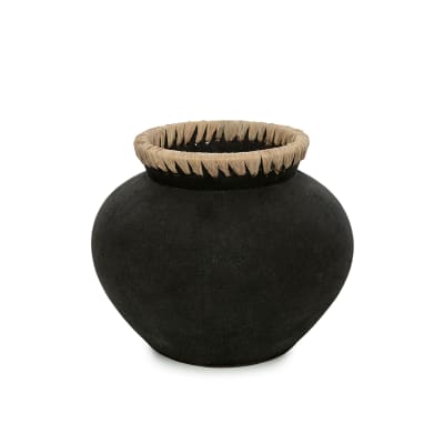 Vase terre cuite et raphia noir et marron 29x29x23cm