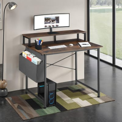 Bureau style industriel support écran et sac de rangement bois foncé