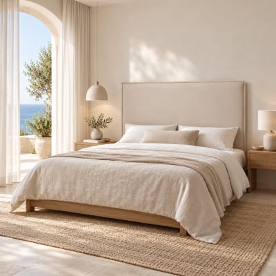 Tête de lit rembourrée unie sable, lit 105 cm, 115x120 cm