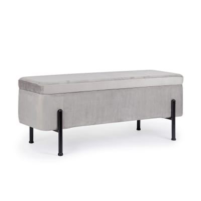 Banc coffre 2 places en velours et piétement noir gris clair