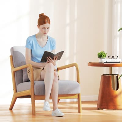 Fauteuil lounge 3 coussins bois hévéa velours givré gris