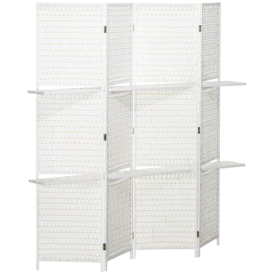 Paravent intérieur 4 panneaux 2 étagères pliables blanc paille