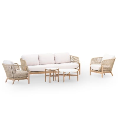 Salon de jardin 5 places en bois et corde beige et 2 tables