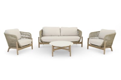 Salon de jardin 4 places en bois et corde beige + table