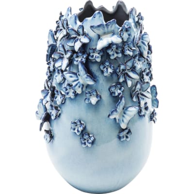 Vase papillons et fleurs en grès bleu h36