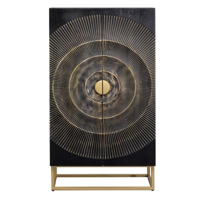 Armoire 2 portes en manguier noir sculpté et acier doré