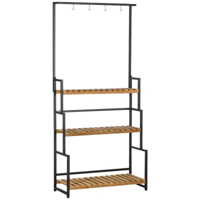 Étagère échelle à fleurs 3 étagères 4 crochets pots métal noir bois