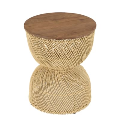 Table d'appoint en rotin beige plateau en bois teck recyclé