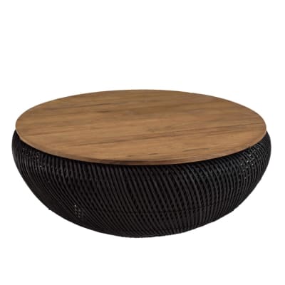 Table basse ronde en rotin noir plateau amovible d100