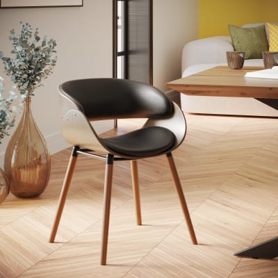 Chaise en cuir synthétique noir et bois plaqué noyer