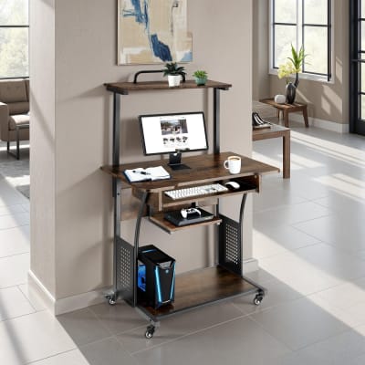 Bureau style industriel 3 niveaux tablette et tiroir bois foncé