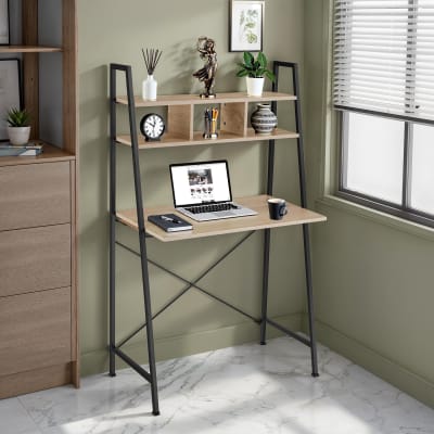 Bureau style industriel 3 compartiments de rangement bois clair