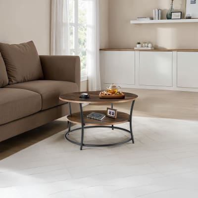 Table basse salon rond avec 2 plateaux en panneau aggloméré bois foncé