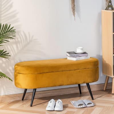 Banc coffre en métal et velours jaune moutarde