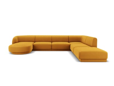 Canapé d'angle côté droit 6 places en tissu velours jaune