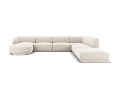 Canapé d'angle côté droit 6 places en tissu velours beige clair