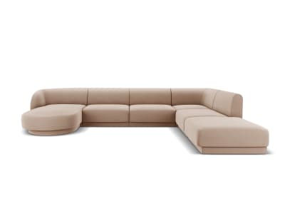 Canapé d'angle côté droit 6 places en tissu velours cappuccino