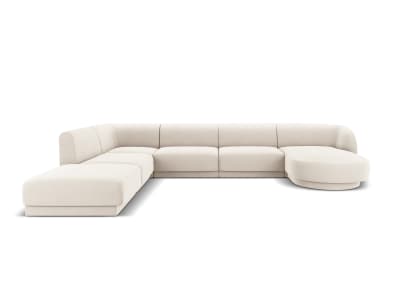 Canapé d'angle côté gauche 6 places en tissu velours beige clair