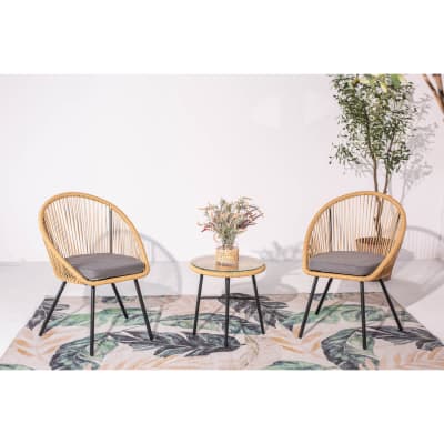 Salon de balcon 2 fauteuils et 1 table coussins gris