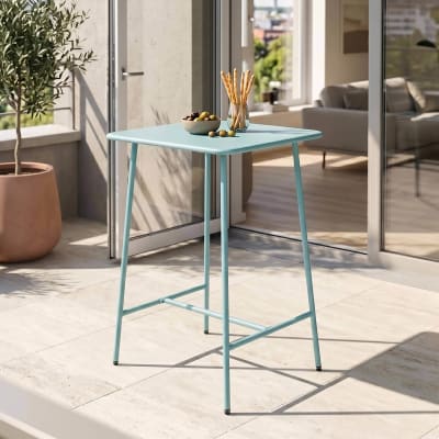 Table haute de jardin carrée en acier bleu turquoise 70cm