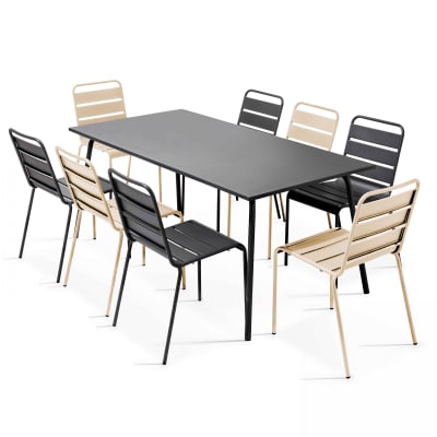 Ensemble table de jardin et 8 chaises en métal gris et ivoire