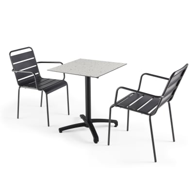 Ensemble table de terrasse stratifié terrazzo et 2 fauteuils gris