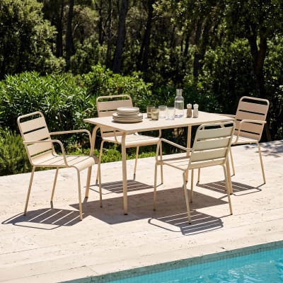 Ensemble table de jardin et 4 fauteuils en métal ivoire