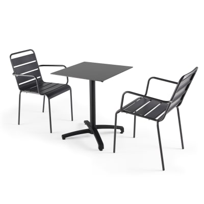 Ensemble table de terrasse stratifié noir et 2 fauteuils palavas gris