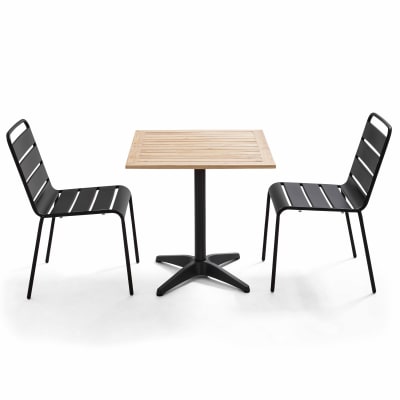 Ensemble table de jardin en bois et 2 chaises en métal gris