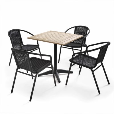 Table de jardin carré plateau bois et 4 chaises en résine