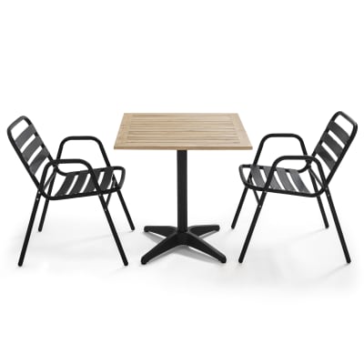 Ensemble table de jardin en bois et 2 fauteuils en aluminium gris