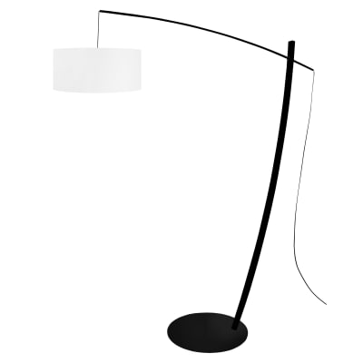 Lampadaire métal noir bois naturel abat-jour tissu blanc